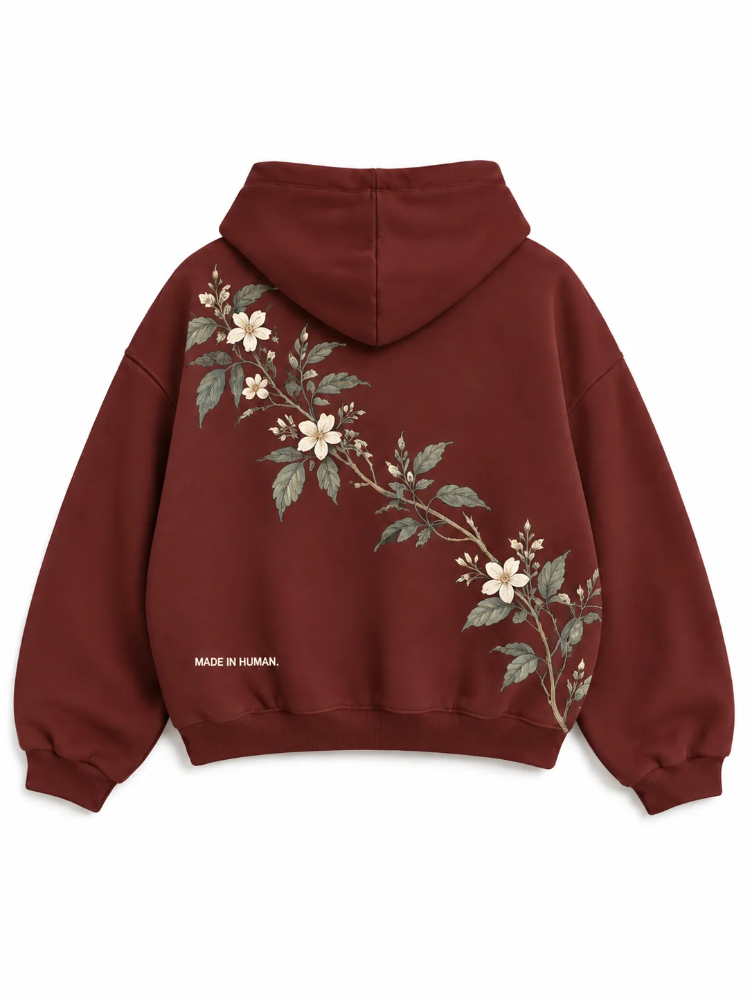 Botanical Hoodie in Burgundy, back view