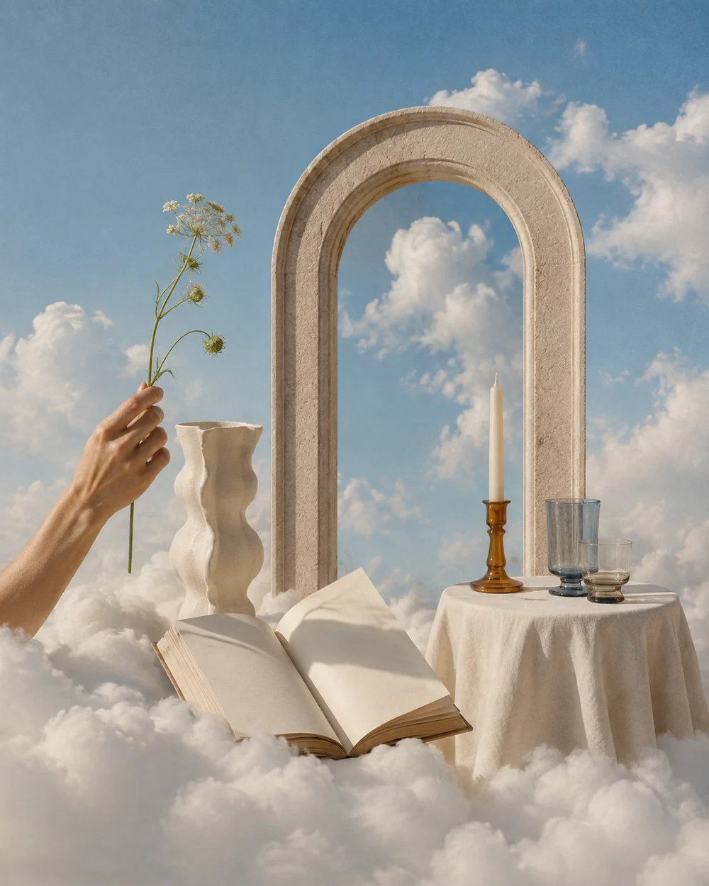 An open book and sculptural archway in a dreamlike cloudscape.