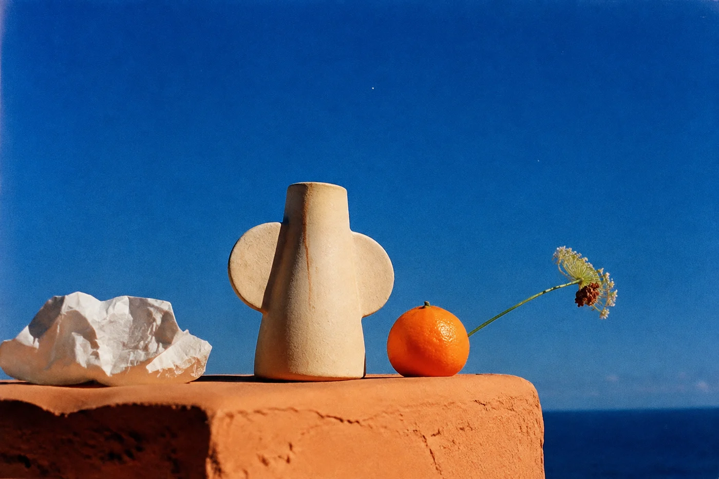 A handmade ceramic vase and wildflower against a clear blue sky.