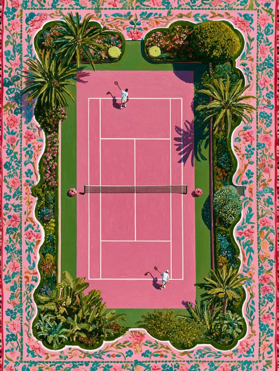 An overhead artwork of a pink tennis court surrounded by palms and an ornate floral border.